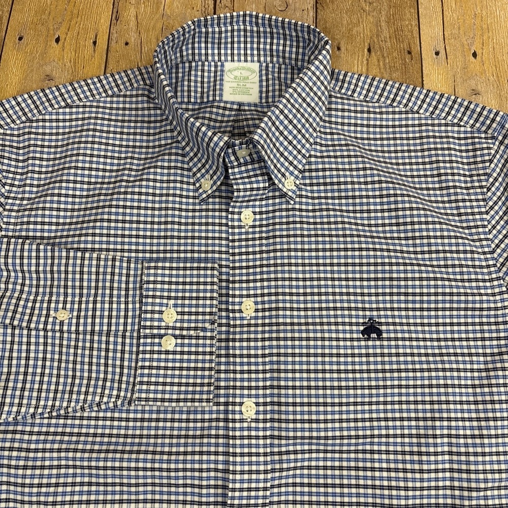 Brooks Brothers Slim Fit Non Iron Stretch Shirt Golden Fleece Logo Mens Large